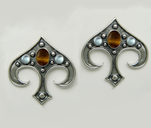 Sterling Silver Gothic Inspired Drop Dangle Earrings With Tiger Eye And Blue Topaz